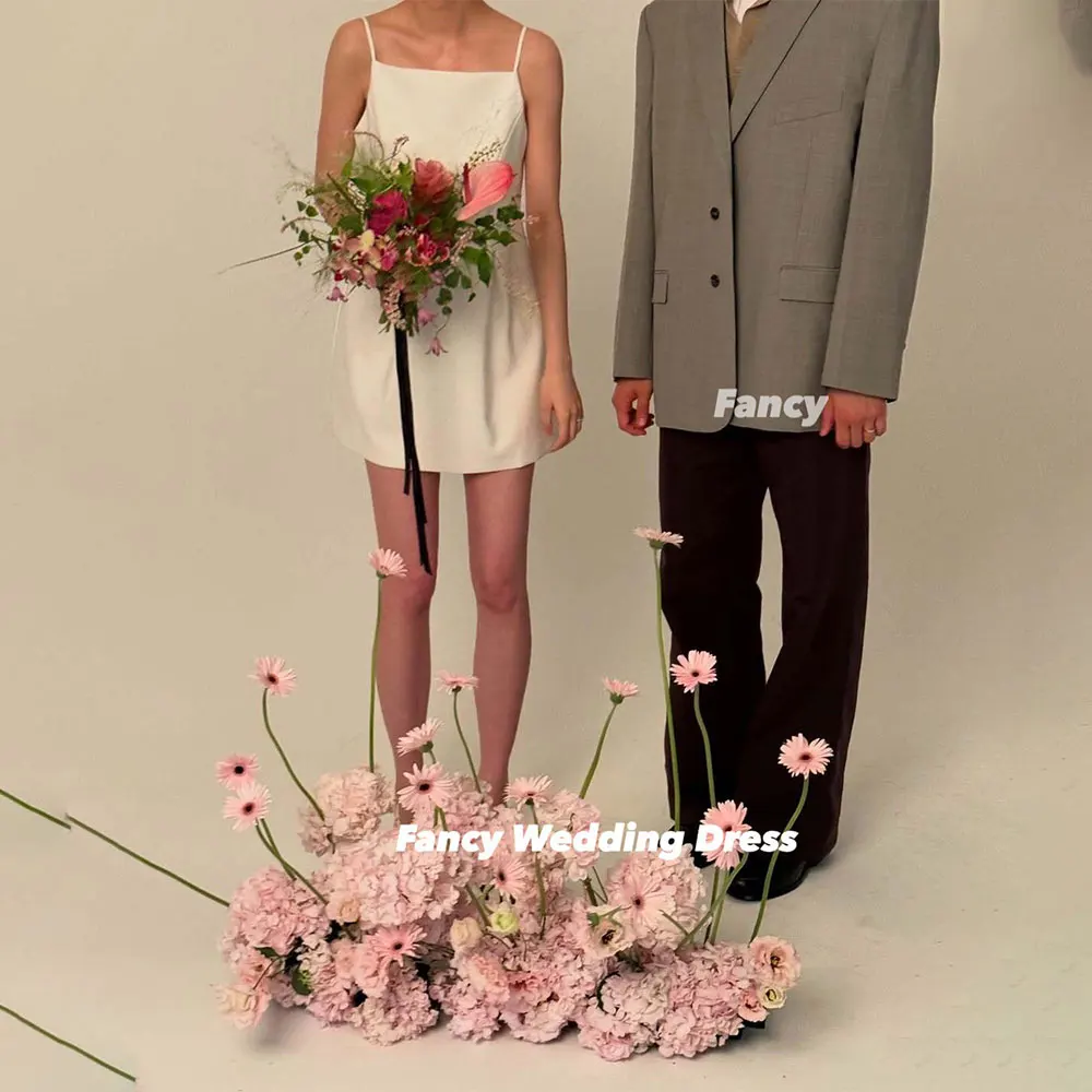 

Fancy Simple Spaghetti Straps Wedding Dress Mini Short Sleeveless Bridal Gown Back Corset Customized