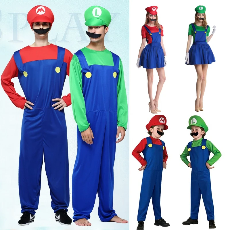 

Funny Game Cosplay Costumes Adult Children's Bodysuit Brother Red Green Hat Beard Set Dress Halloween Party Parent-Child