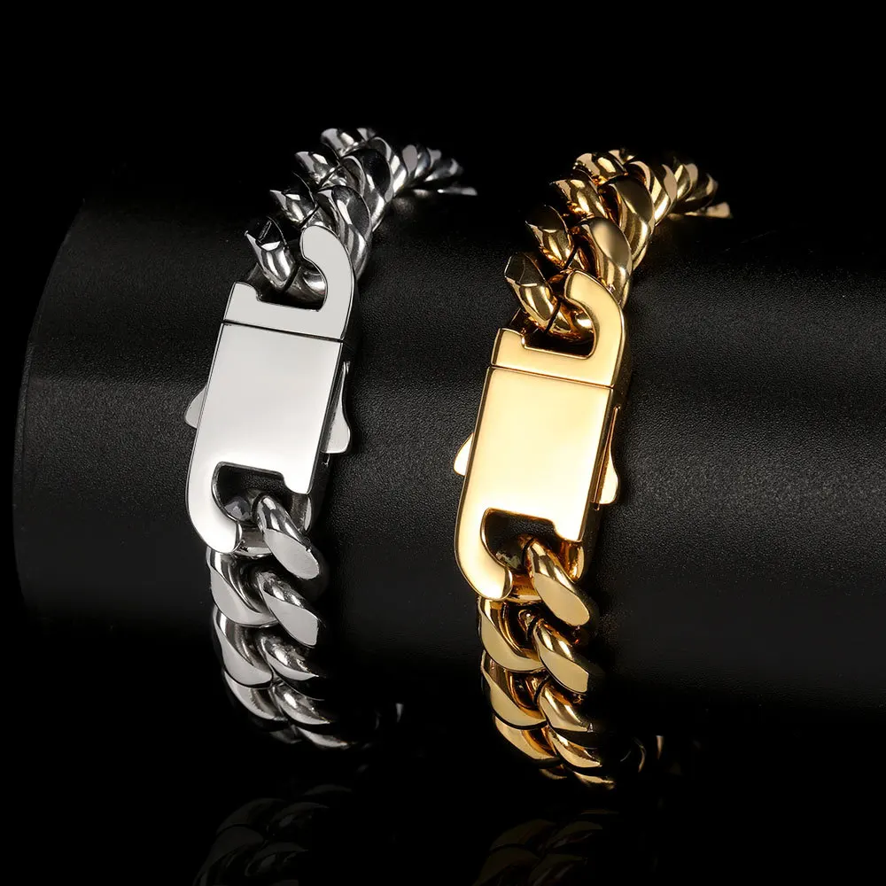 Hip Hop Stainless Steel Bracelet Titanium Steel Glossy Buckle Polished Encrypted Round Mill Cuban Chain Men's Fashion Jewelry