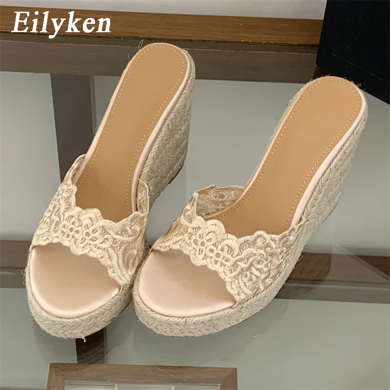 Eilyken Damen-Slipper, Sommer-Plateau-Keilsandaletten, Designer-Sandalen mit geflochtenem Band, dicke Sohle, hohe Absätze, Slipper