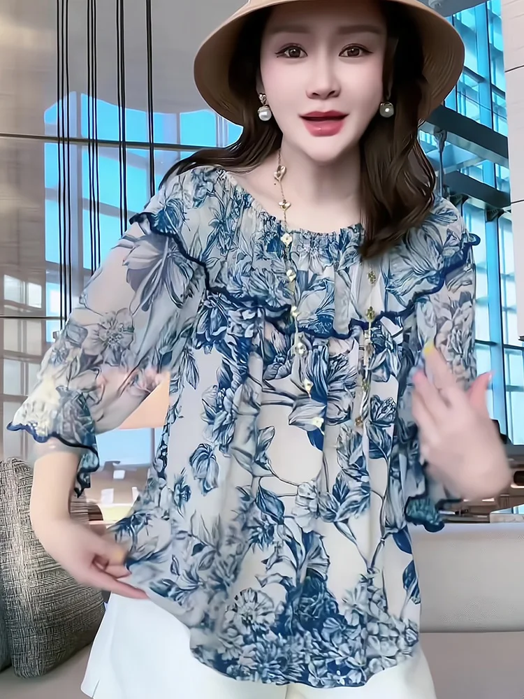 Chiffon Dames Shirt Zomer Prints Vintage Blouses Losse Korte Mouw Vrouwen Tops O-hals Mode Kleding 2024 Koreaans