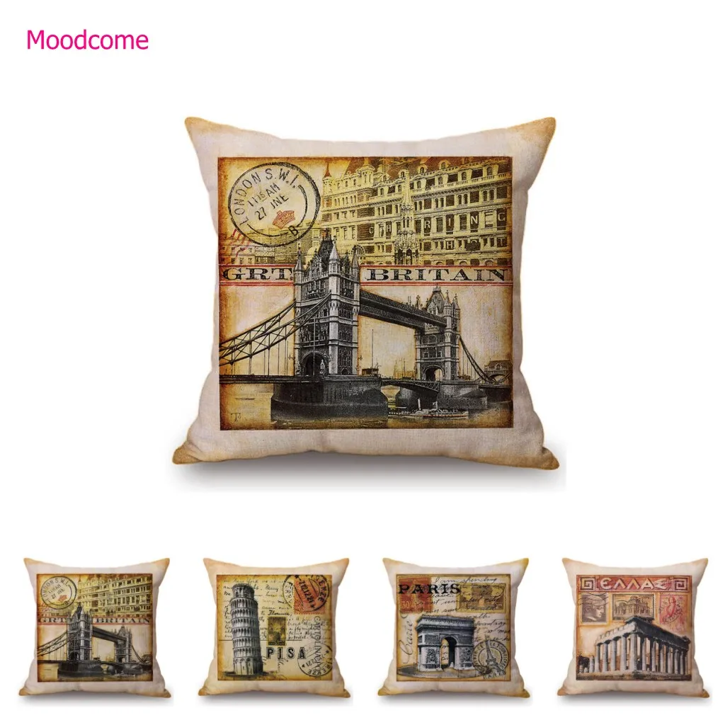 Vintage Poster World Famous Pisa Leaning Tower Big Ben Stamp Cushion Cover Home Decorative Cotton Linen Sofa Pillow Case