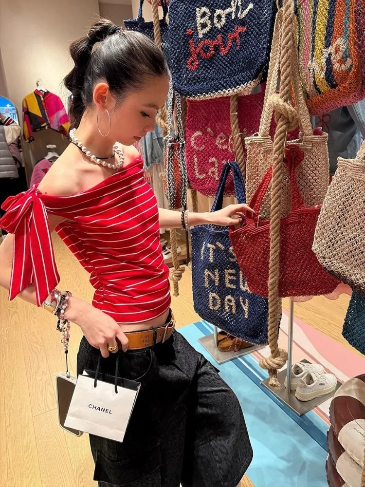 

Deeptown Red Striped Women T-shirts Y2k Off Shoulder Korean Style Short Sleeve Asymmetrical Tops Sweet Lace Up Cropped Slim Fit