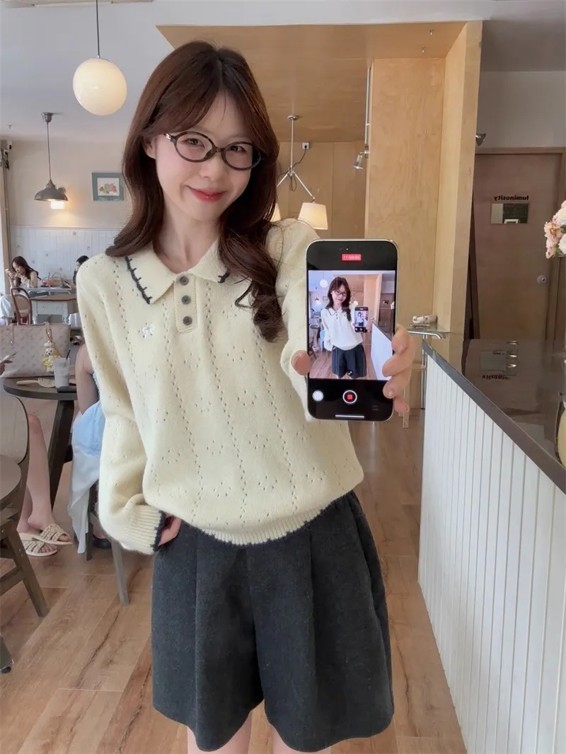 

Loose Fit Embroidered Color Blo Flip Collar Sweater Women's Spring Casual Sle Knitted Top Design Sensation Youthful