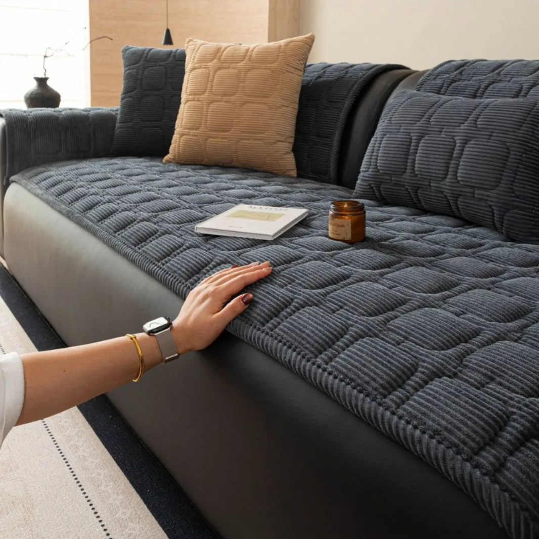 Thickened Solid Color Corduroy Sofa Cushion Non-Slip Anti-Static Seat Cover Non-Scratched Livingroom Sofa Dustproof Slipcover