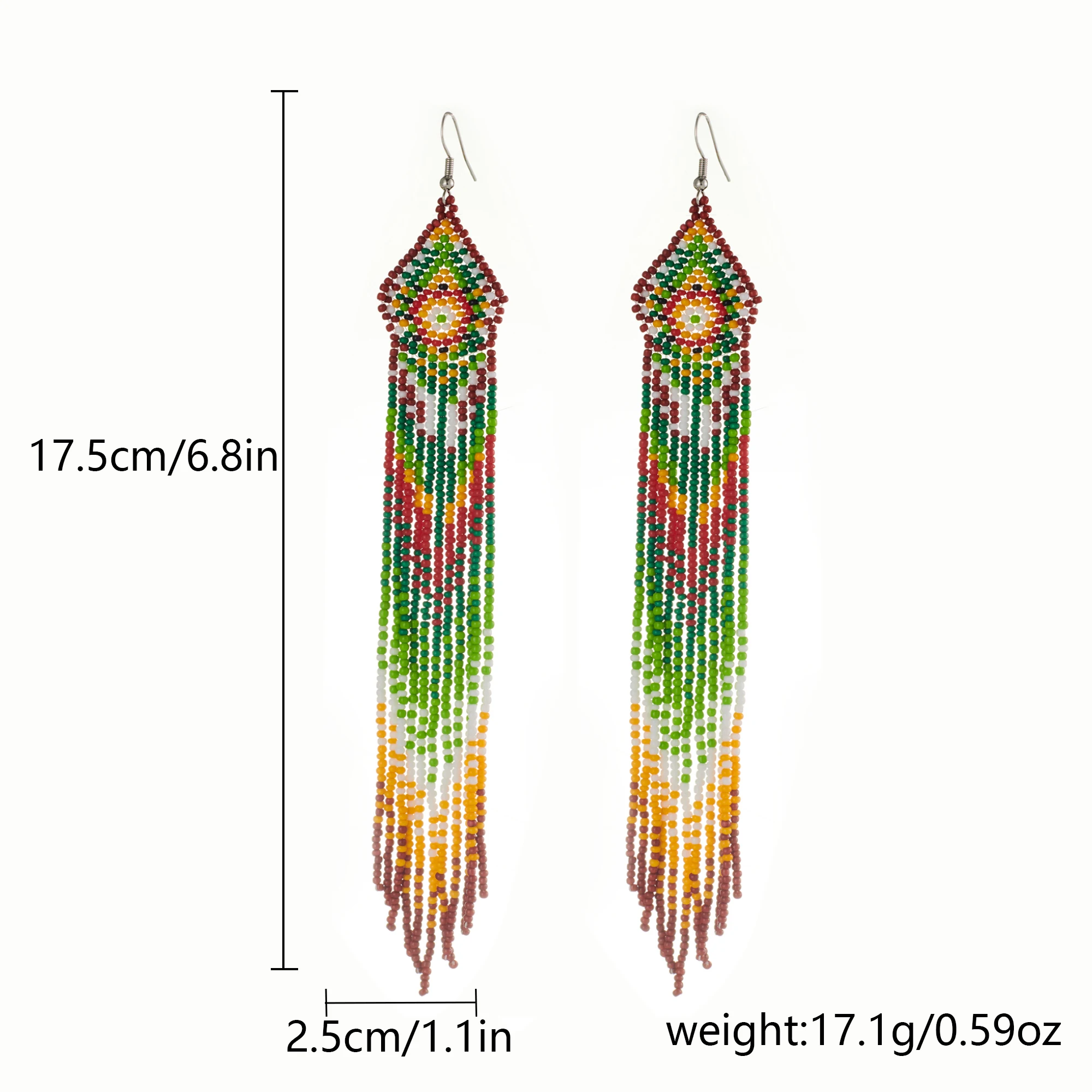 

Long tassel earrings, bohemian geometric patterns, glass seed beads earrings, hand-beaded earrings, ladies jewelry gifts