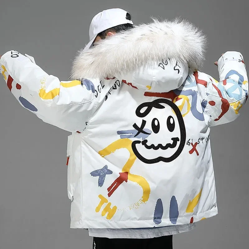 New Fashion Printed Down Jacket Womens Hooded Parka Overcoat Couple Wear Winter Cold Warm 90% White Duck Down Jackets 100KG