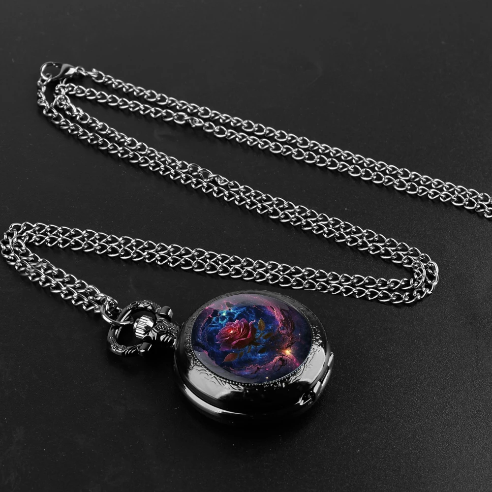 Purple Rose Design Glass Dome Quartz Pocket Watch With Durable Chain Arabic Numeral Dial For Men And Women Creative Gifts