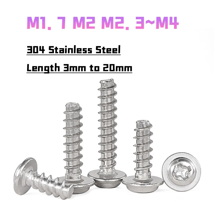 304 Stainless Steel  Phillips Screw PWB Round Head With Washer Self- tapping Screw M1.7 M2 M2.3 M2.6 M3 M3.5 M4 for Wood Working