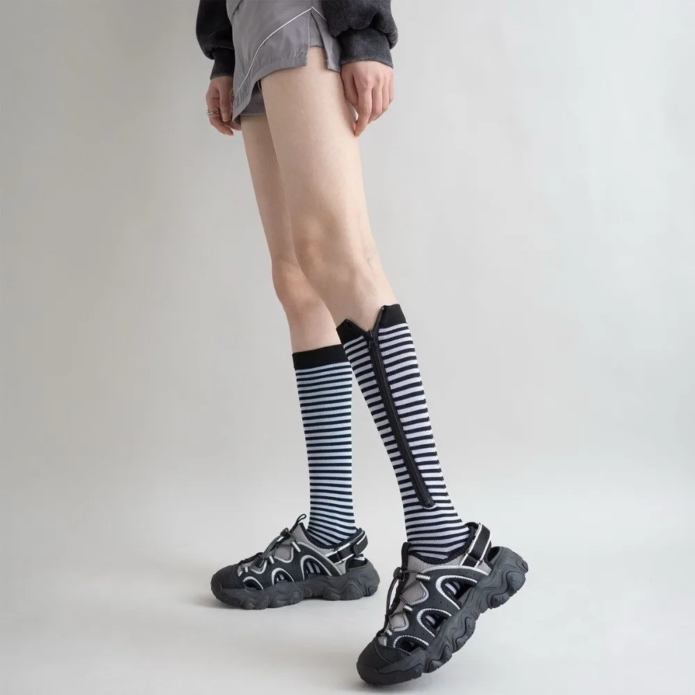 Retro Stripe Pressure Socks Soft Elastic Compress Zipper Socks Hosiery Breathable Cycling Sports Socks Outdoor Exercise