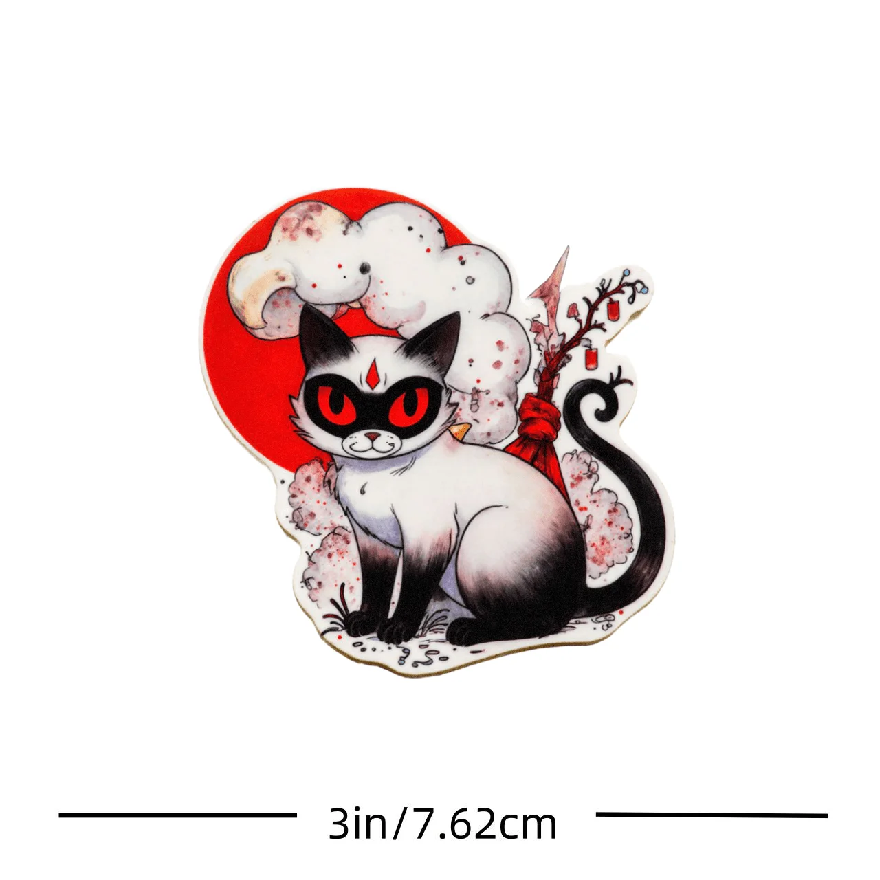 1PC Lucky Cat Decal – B&W with Red Eyes, Mask & Horseshoe – Fits Phones, Laptops, Tablets, Mugs & Doors