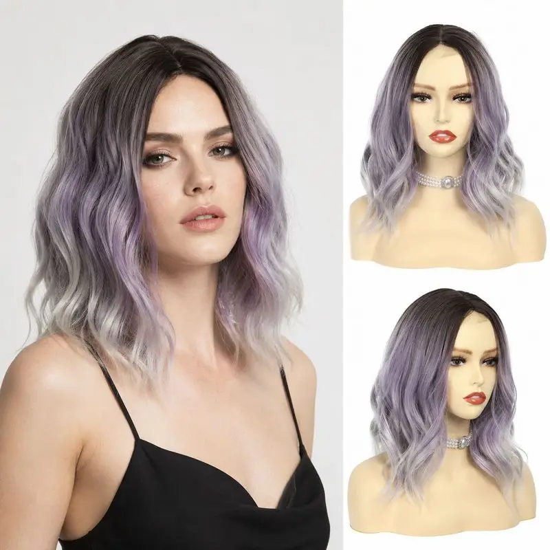 european-american-fashion-women's-short-curly-synthetic-wig-with-a-small-lace-front-and-a-gradient-purple-color