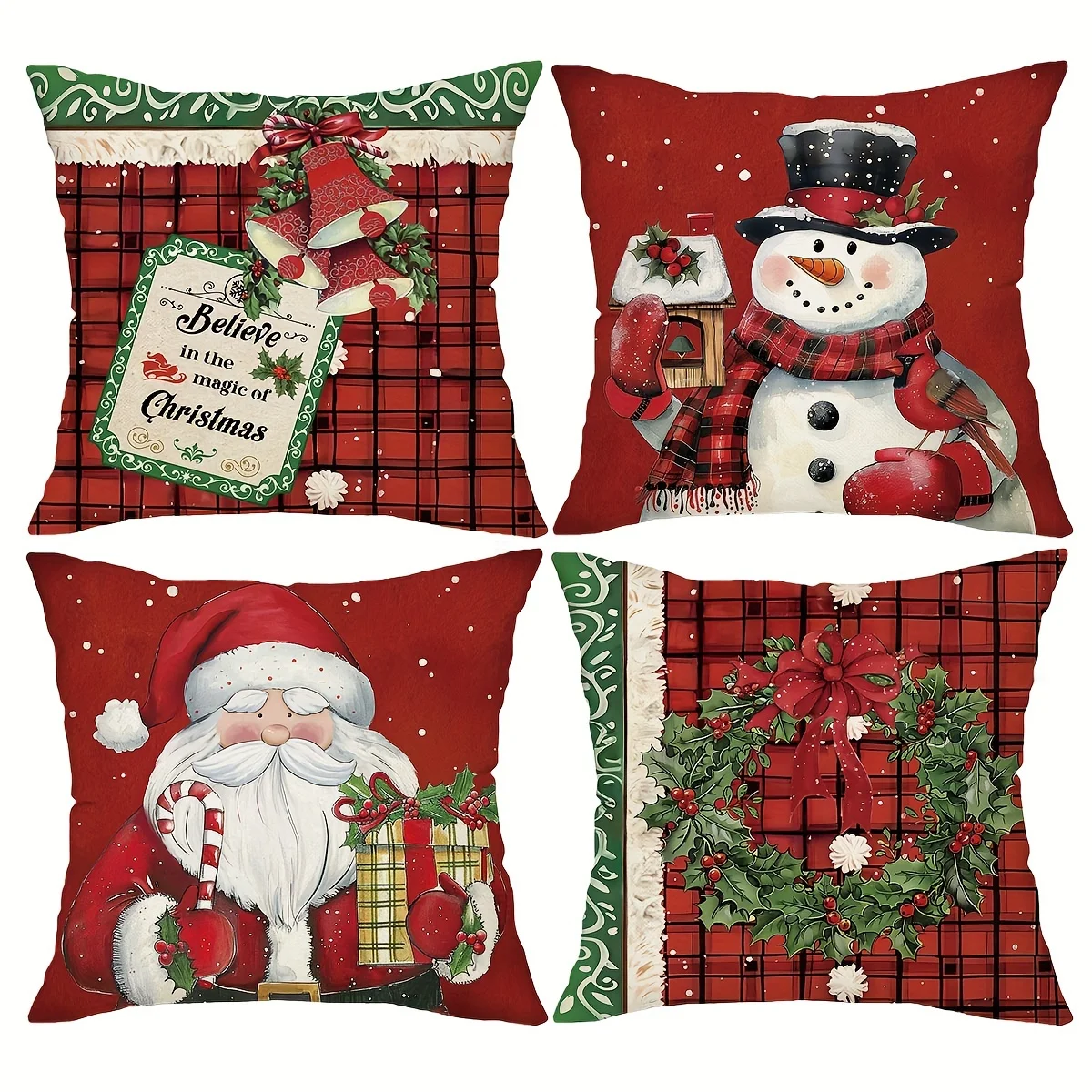 4-Pack Vintage Christmas Pillow Covers, Santa Snowman Retro Print, Zippered Polyester for Sofa Porch Patio Holiday Decor