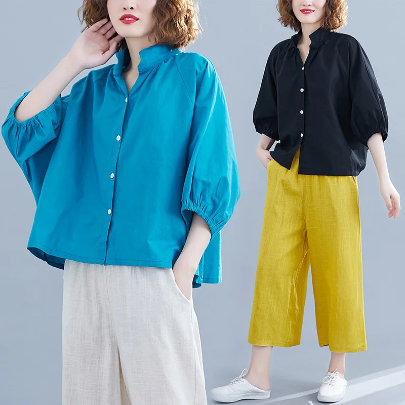 

Retro Artistic Large Size Women's Cotton Linen Bubble Sve ort Sve irt Summer Open Cardigan Batwing Sve Top