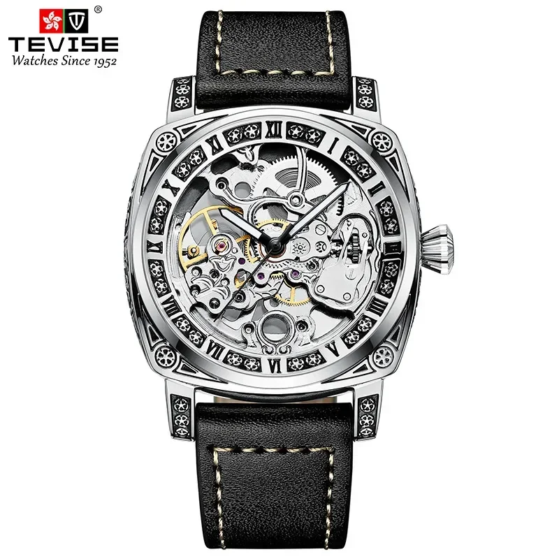 Man Tourbillon Hollow Automatic Mechanical Watch Men's Waterproof Luminous Sports Watch Men's Light Luxury Carved Leather Watch