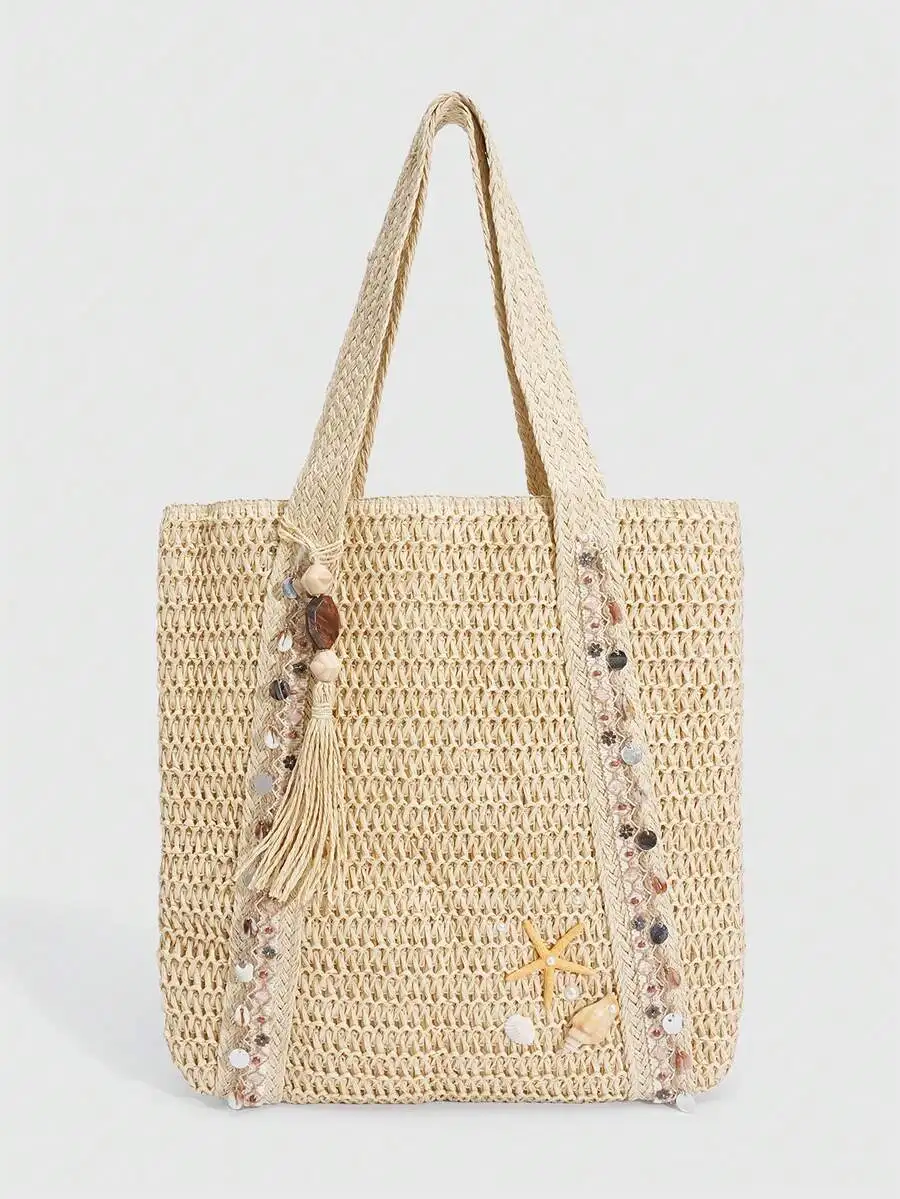 

Straw Beach Tote Bag With Seashell Pearl Starfish Decoration Large Capacity Summer Vacation Bag