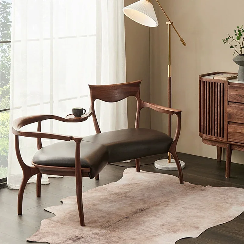 

Italian light luxury North American black walnut designer solid wood leisure chair art living room one-piece chair leather sofa