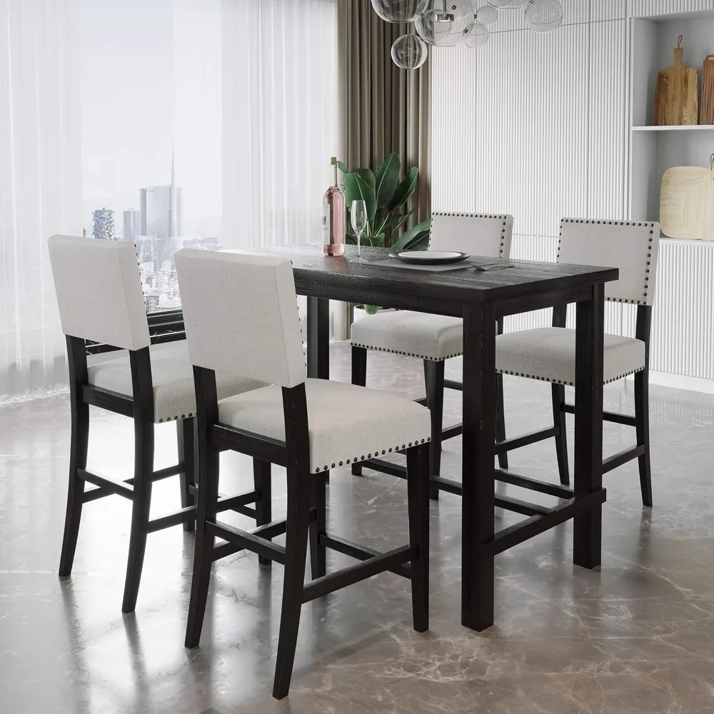 5 Piece Counter Height Dining Table Set, Classic Kitchen Table Set with One Rectangle Table and 4 Cushioned Chairs for 4 Persons