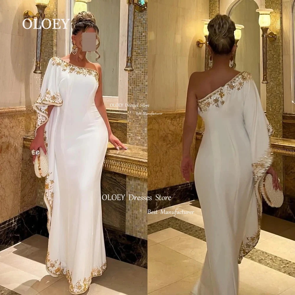 

OLOEY Elegant Beads Ivory Straight Evening Dress Arabic Pleats Satin Wedding Party Dress Formal Prom Gowns One Shoulder Custom