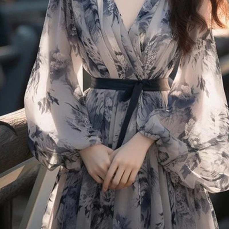 Summer V-neck Fashion Lantern Sleeve Maxi Dress Women French Style Dresses High Street Printing Lacing Bow Patchwork Vestidos