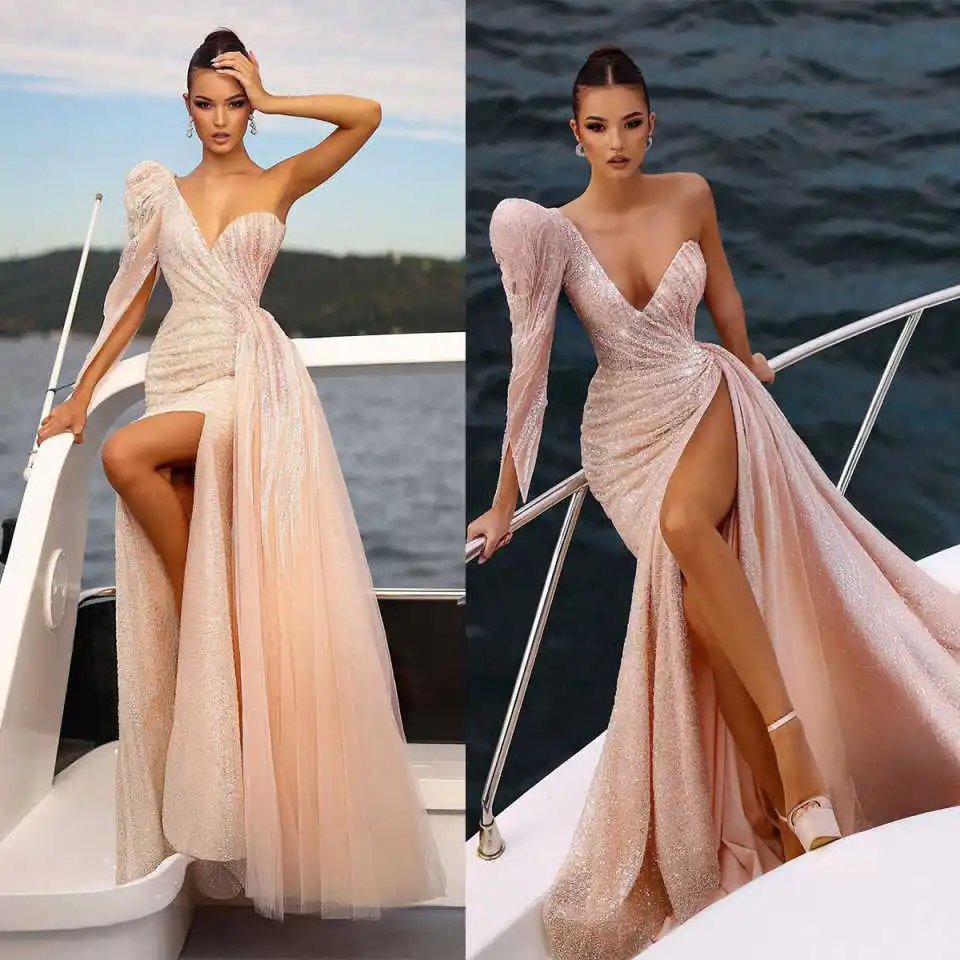 Luxury Mermaid Wedding Dresses Paillette One Shoulder Side Slit Bridal Gown Sweep Train Vestido De Noiva Customized