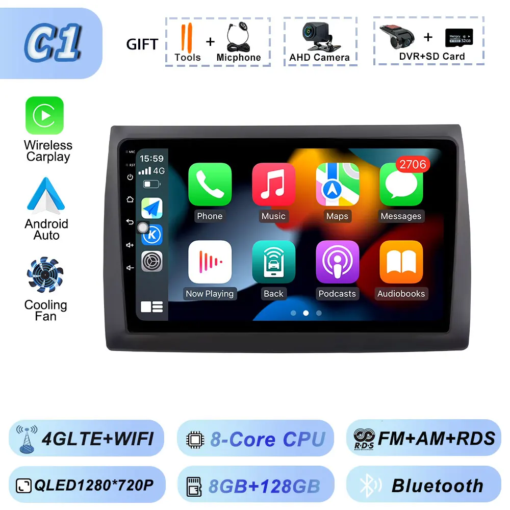 Draadloze Carplay Auto Android voor Fiat Stilo 2002-2010 Autoradio GPS Stereo Multimedia WiFi Viedo Speler Autoradio Navigatie - afbeelding 1