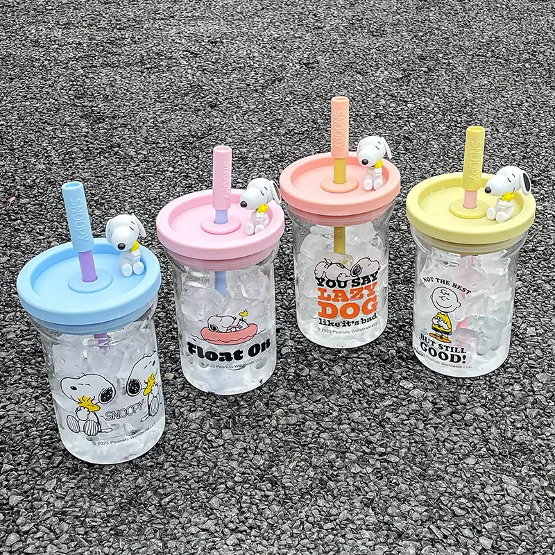 

700Ml Anime Peanuts Glass Water Cup Kawaii Cartoon Women's Office Straw Cup Cute Portable Scaled High Temperature Resistant Cup