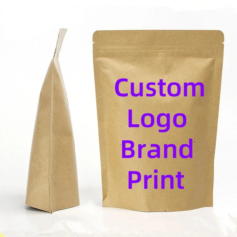 

100pcs Thick Resealable Kraft Paper Zip Lock Packaging Bag Stand up Foil Inside Coffee Flour Snack Gift Brand Logo Print Pouches