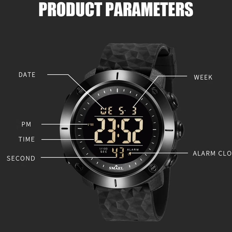 SMAEL Digital Watches LED relogio masculino Backlight  Stopwatch Alarm  50m Wateproof Sport Watches Mens8042 Digital Watches Men