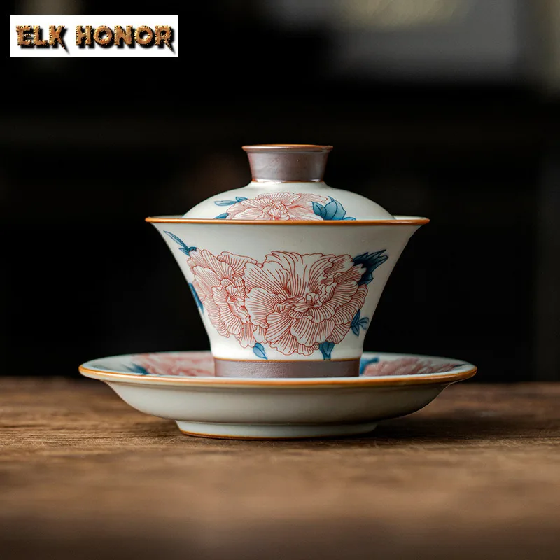 160ML Ru Kiln Porcelain Gaiwan Antique Hibiscus Flower Heat Insulation Tea Tureen Tea Maker Cover Bowl Teaset Supplies Ornaments