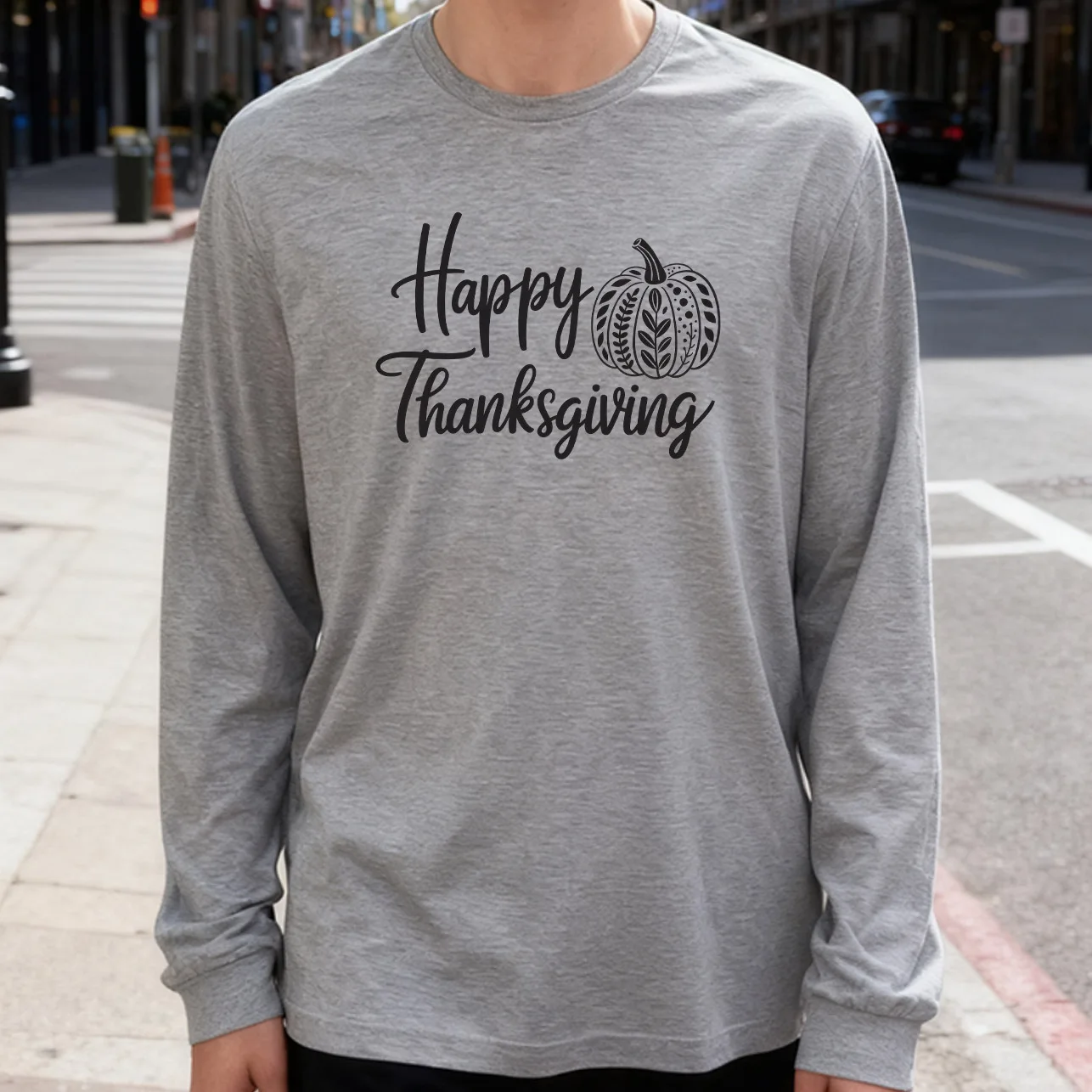 Happy Thanksgiving Men's Long Sleeve T-Shirt 180g 100% Cotton Printed Crew Neck Casual Daily Wear Soft and Breathable