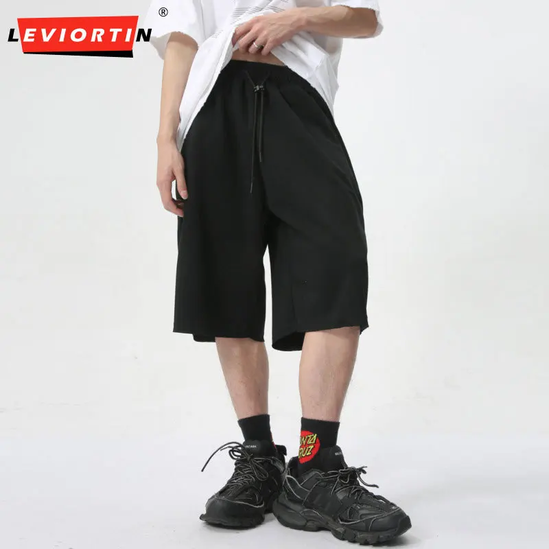 

2024 Summer New Simple Solid Color Basic Shorts Knee Length Wide Leg Drawstring Lace up Men's Fashion Casual Capris M-XL