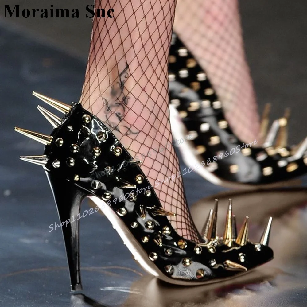 

Black Full Metal Rivets Shallow Pumps Stilettos High Heel Women Shoes Slip On Pointed Toe Stylish Catwalk Banquet Women Pumps