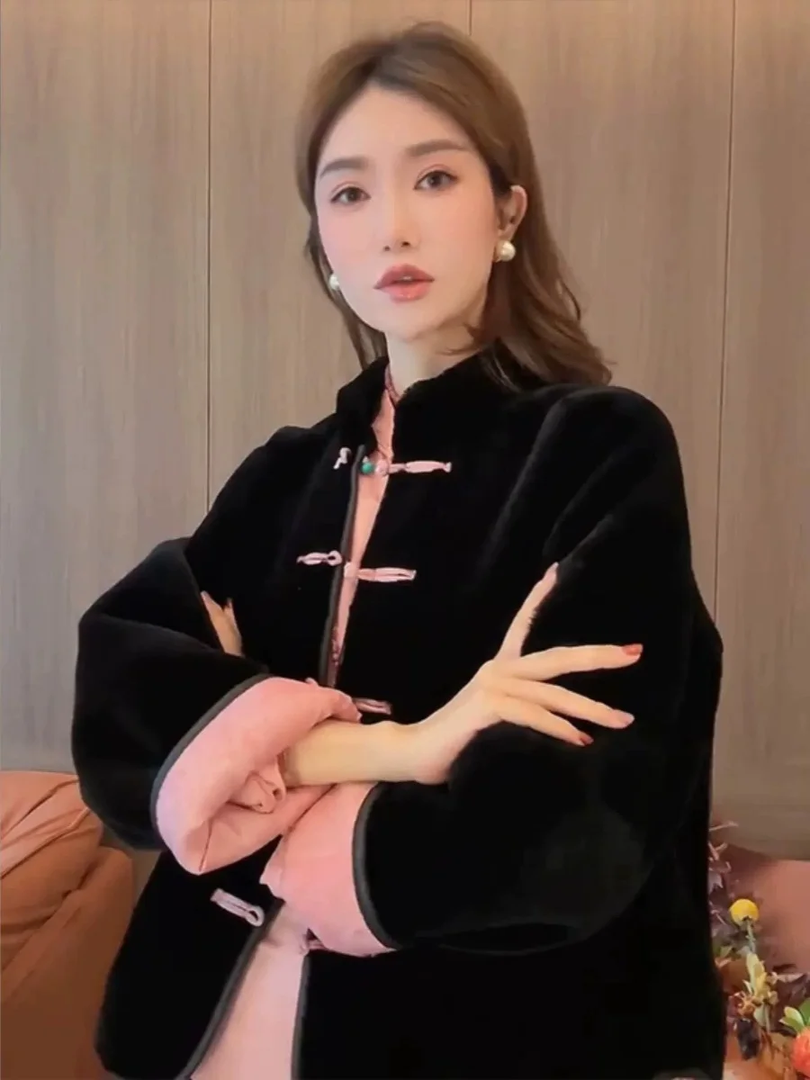 

Новая китайская утепленная бархатная хлопковая куртка для женщин с воротником-стойкой на пуговицах, черное шелковое бархатное пальто для осени и зимы