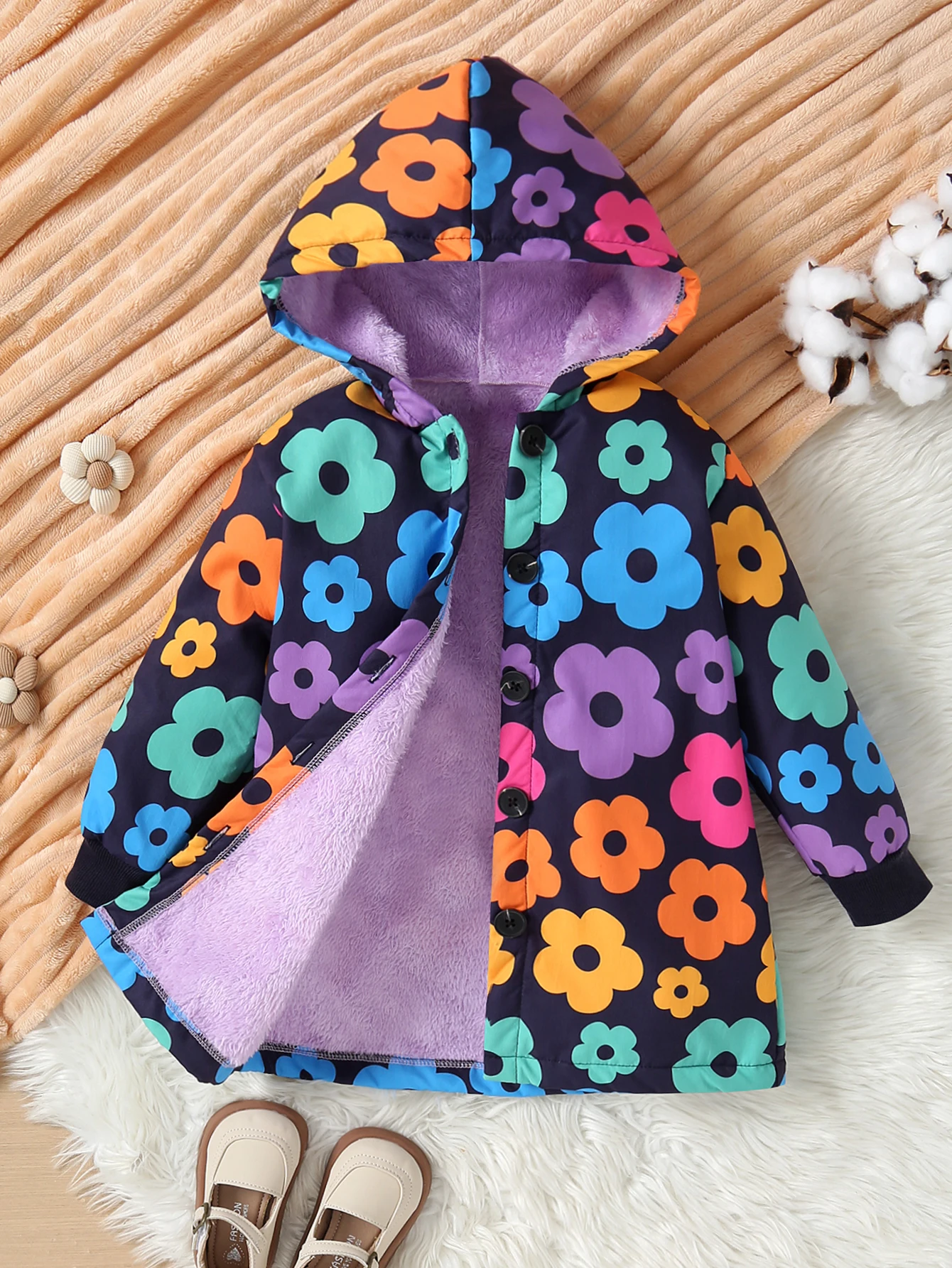 Autumn/Winter Fleece Warm And Cold Proof Girls' Single Breasted Colorful Flower Printed Hooded Jacket Medium To Long Jacket