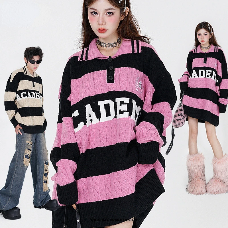 

Spring and Autumn American Sweater Women Tops Y2k Pullover Stripe Letter Embroidered Loose Pullover Couple Model Fashion