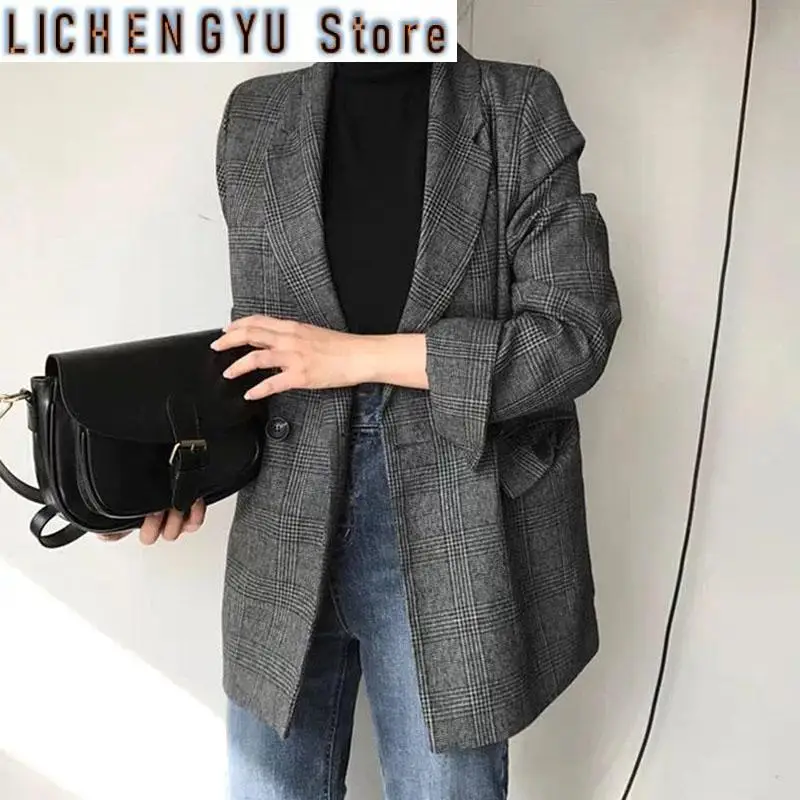 New Fashion Spring Autumn Plaid Women Blazer Jacket Korean Long Sleeve Double-Breasted Office Suit Coats Female Casual Tops