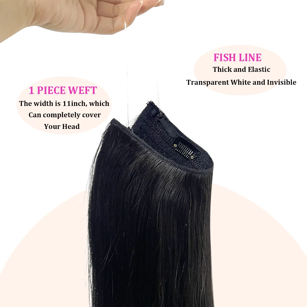 Invisible Clip in Hair Extensions 100% Human Hair Fish Wire Line 3 Clips Real Natural Hairpieces 12