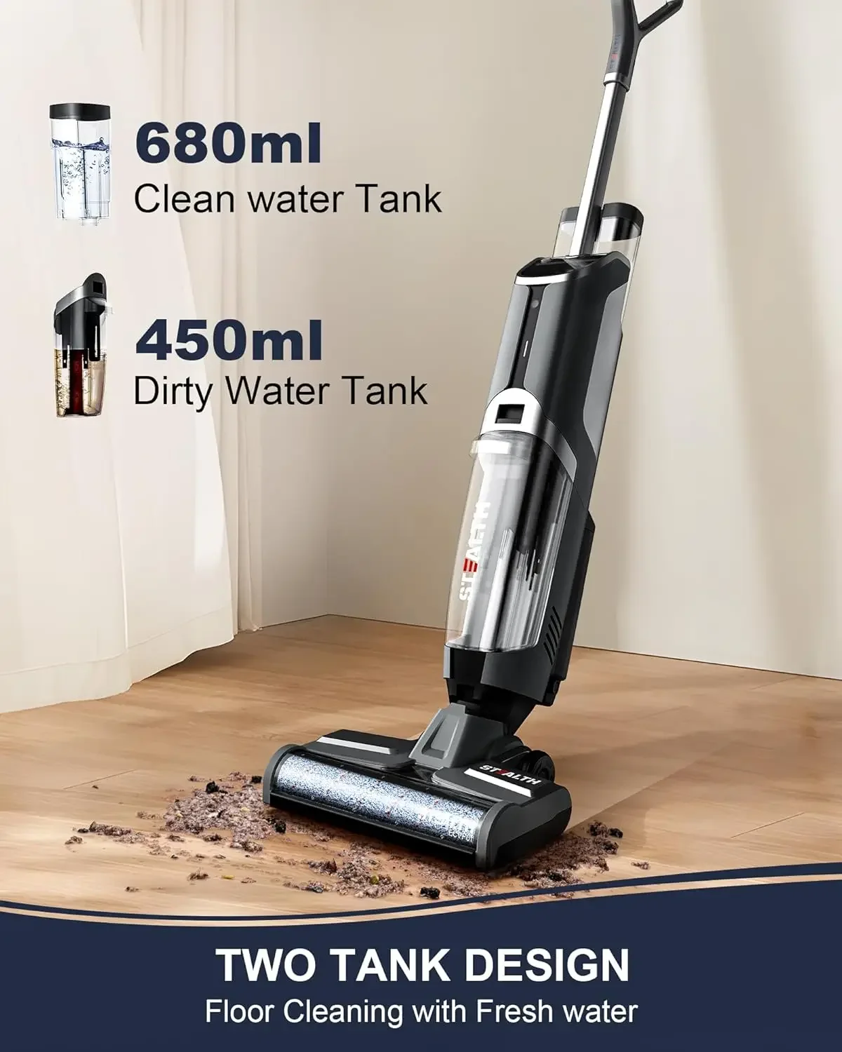 Cordless Wet Dry Vacuum Cleaner, Smart Vacuum Mop with Self-Cleaning Detachable Battery for Hard Floor Area Rugs