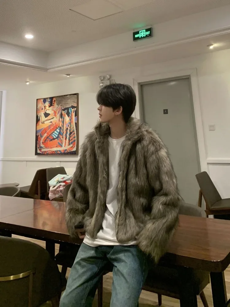 Korean Fashion Short Faux Fur Men\'s Winter Warm Fashionable Temperament Streetwear Jacket Long Hair Thickened Plush Coat New