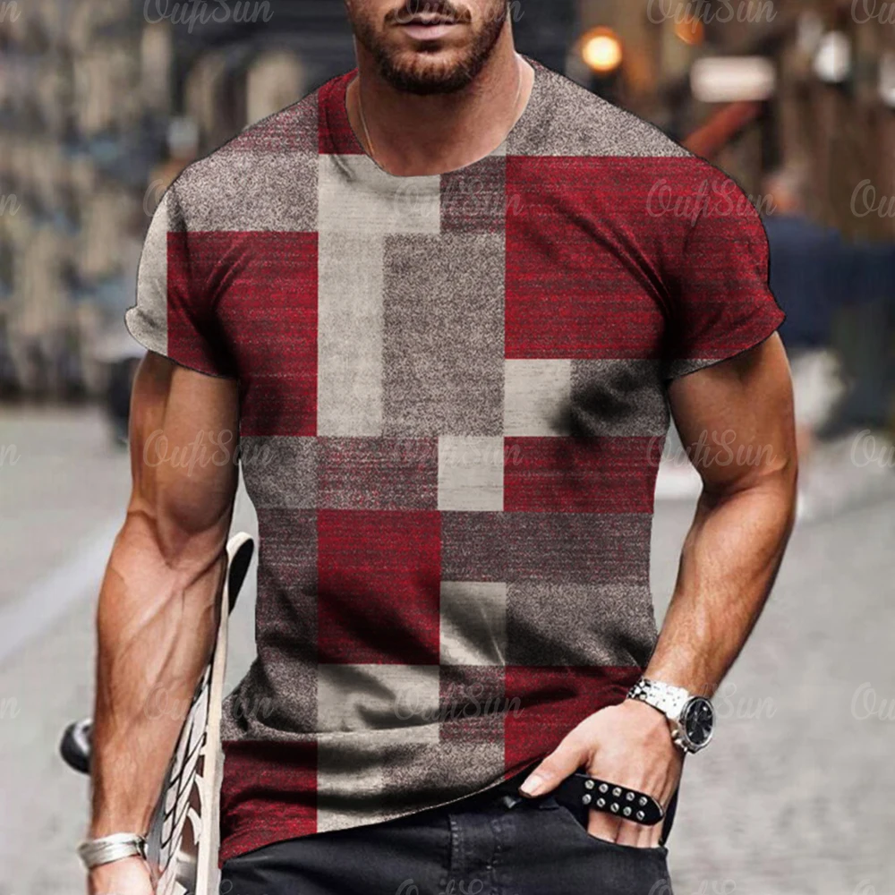 Summer 3D Printing T-Shirt for Men Simple Check Stripe Pattern Cool Breathable Short Sleeves Trendy Casual Tshirt Oversized top image 2
