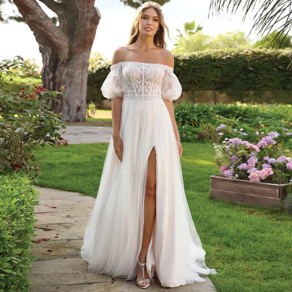 

Bohemian Jersey A-line Wedding Dress for Brides 2024 V-neck Court Train Appliques Lace Long Sleeves Bridal Gowns Custom Made