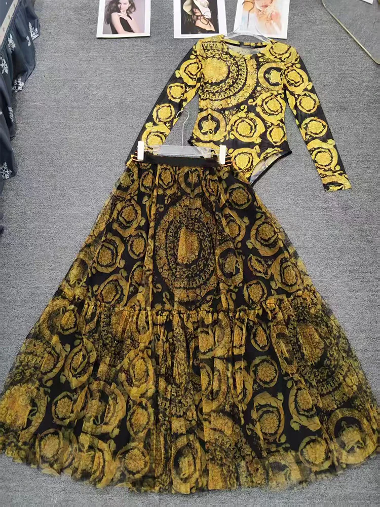 Retro spring new fashion women's suit long sleeve gauze printed top high waist big swing skirt temperament two-piece dress 신상