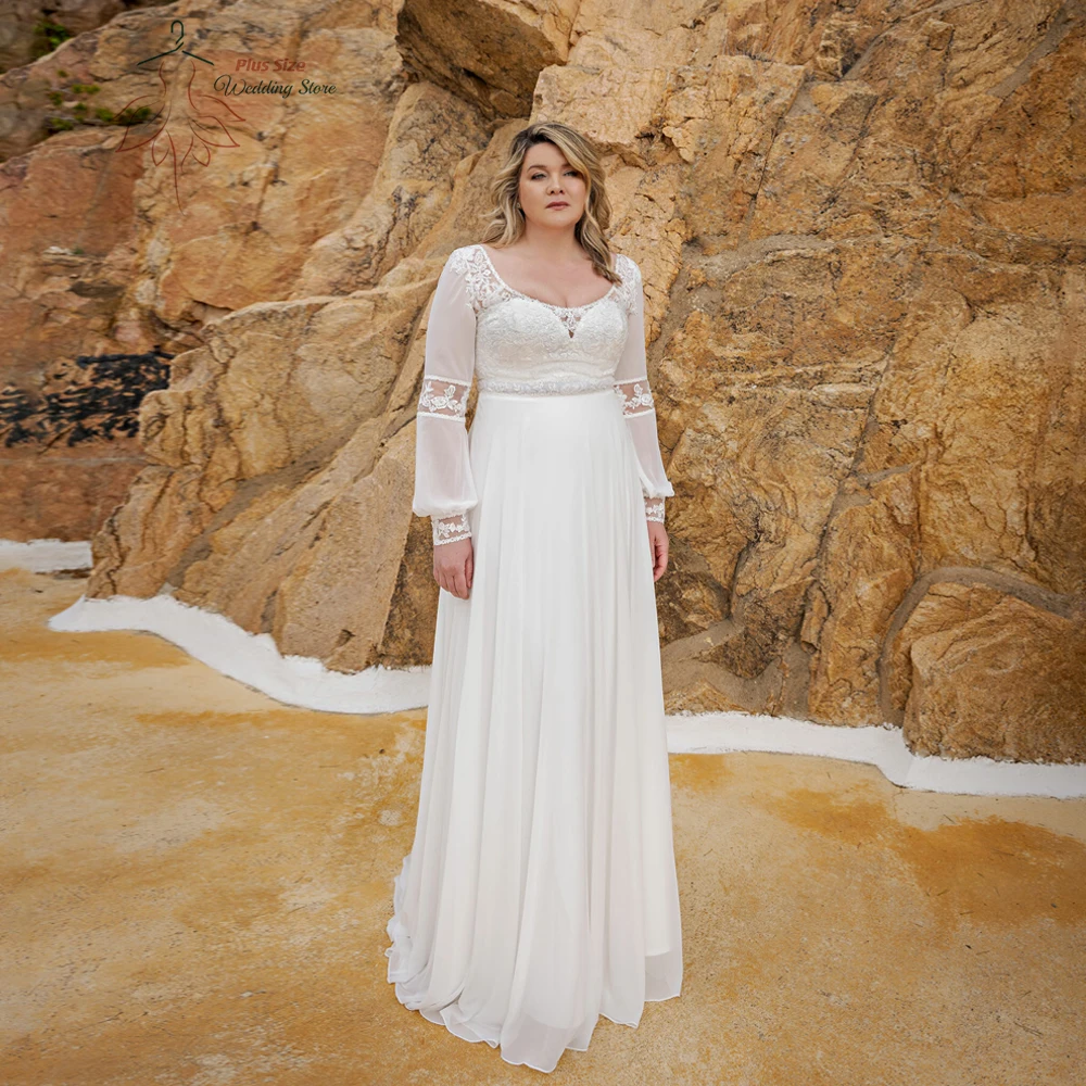 

Pastrol Chiffon Wedding Dresses Plus Size Scoop Neck Long Sleeves Bride Gowns Applique Sweep Train A-Line Robe De Mariee 2024