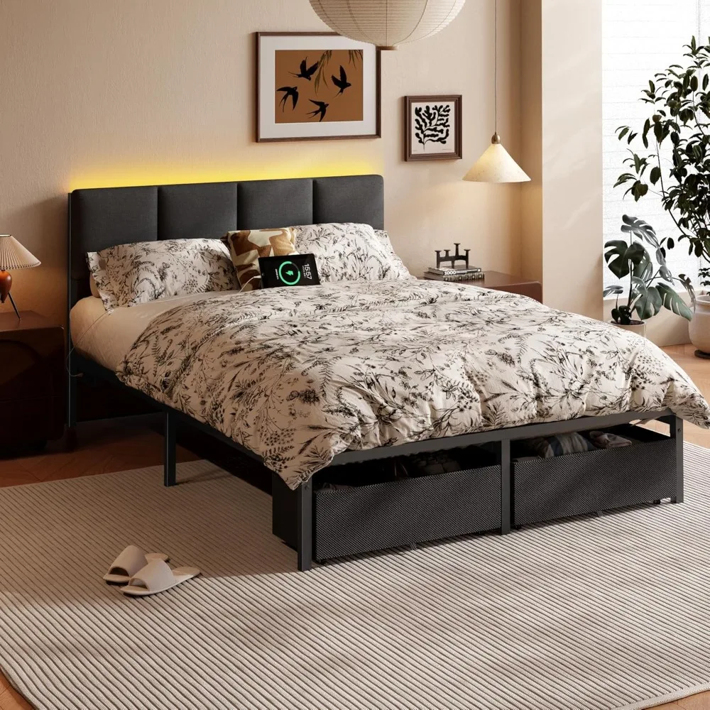 #Bed Frame with Headboard, Upholstered  Bed Frame with LED Light, USB Charging Station, Platform, Customized