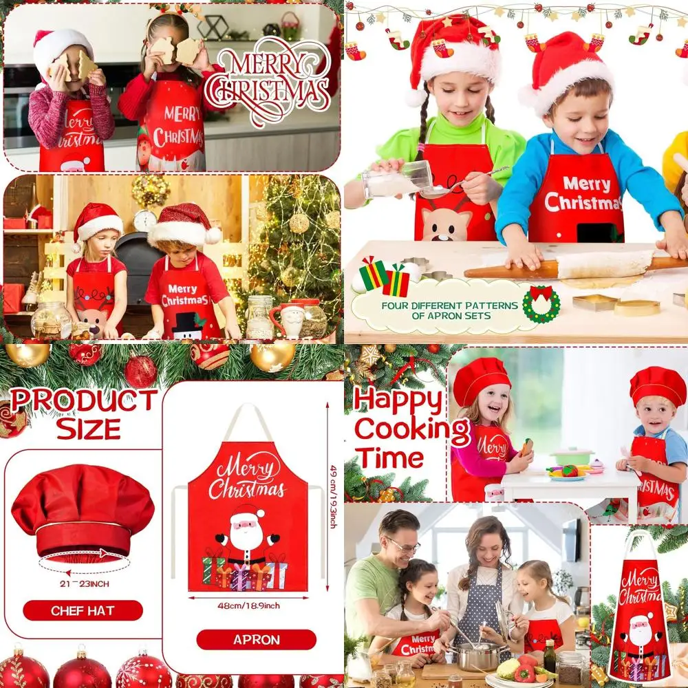 

Children's Holiday Apron Set: Festive Red with Snowman, Deer, Elf, and Santa for Kitchen, Baking, and Painting
