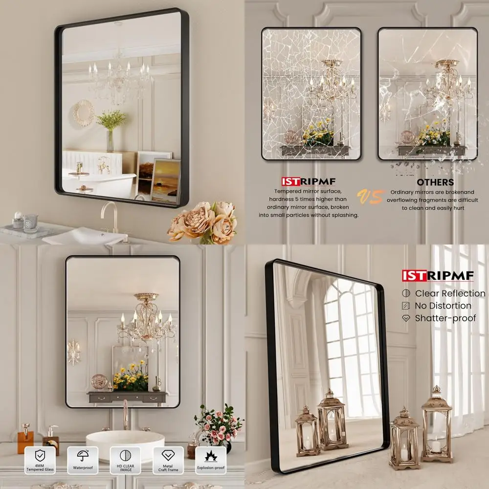 

24x28 Rounded Matte Black Tempered Glass Bathroom Mirror, Rust-Resistant, Horizontal or Vertical Mount