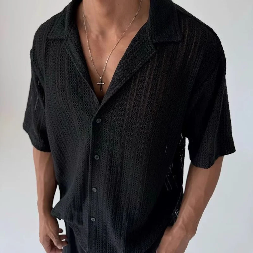 Men's Short Sleeve Shirt Loose Fit Textured Vintage Casual Streetwear Summer Shirt Breathable Lightweight Top 2026 New