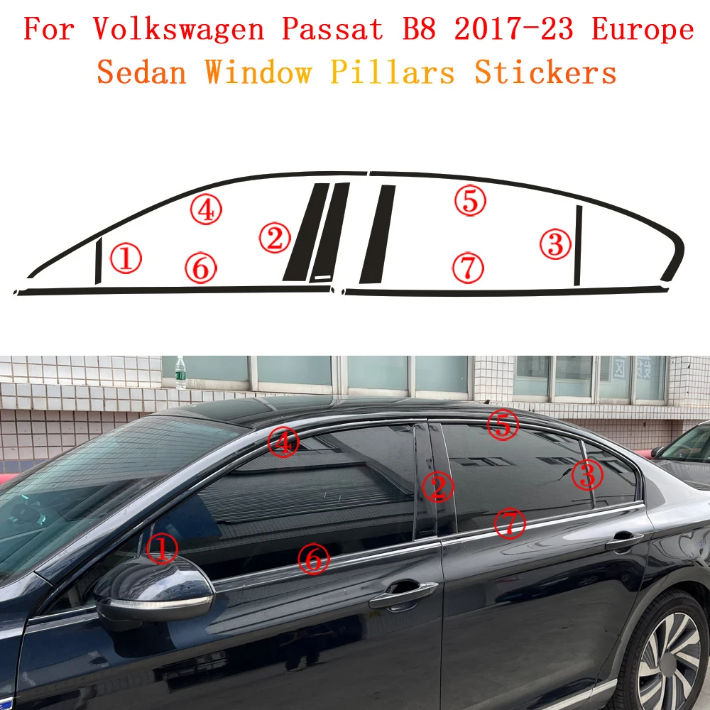 For Volkswagen Passat B8 2017-23 Europe Sedan Window Chrome Remote Dimming Racks ABC Glossy Black Stickers