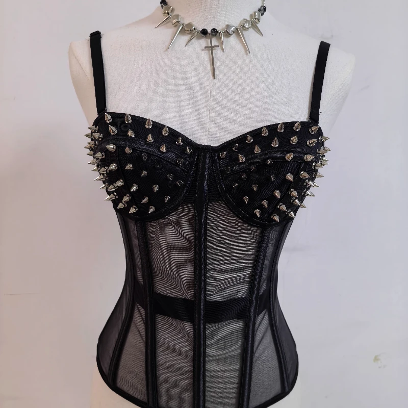 الأوروبية الأمريكية الشرير الظلام Y2K مثير الملابس النسائية التصميم الأصلي الحلو كول شبكة انظر من خلال هيكل السمكة برشام سترة السيدات